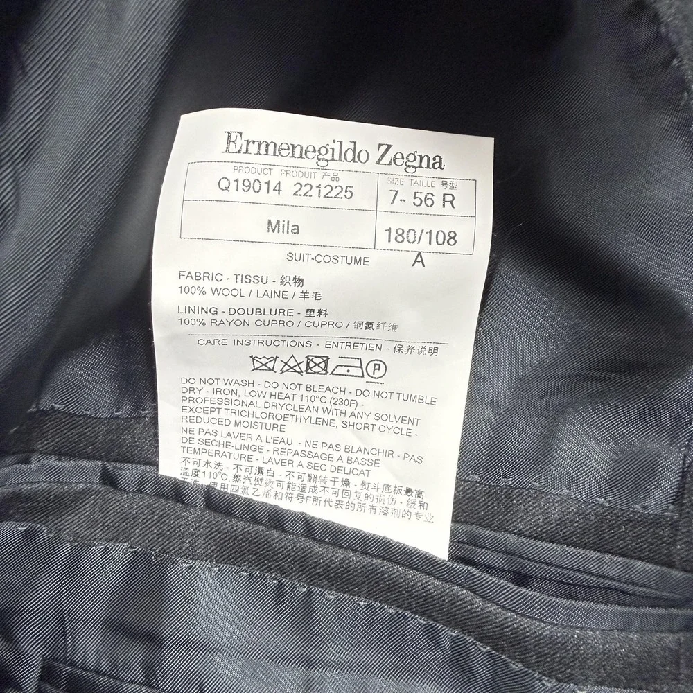 Ermenegildo Zegna Suit Jacket Mens 56 Black Wool‎ Mila Two Button Spain Notch